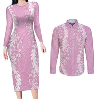 Puakenikeni and Maile Lei Couples Matching Long Sleeve Bodycon Dress and Long Sleeve Button Shirt Pink Double Strand Lei LT9 Pink - Polynesian Pride