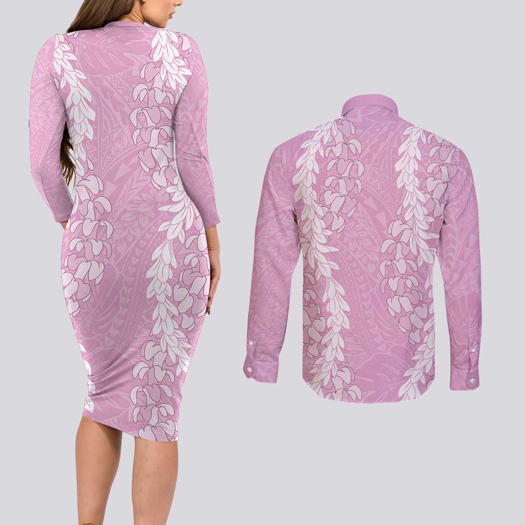 Puakenikeni and Maile Lei Couples Matching Long Sleeve Bodycon Dress and Long Sleeve Button Shirt Pink Double Strand Lei LT9 - Polynesian Pride