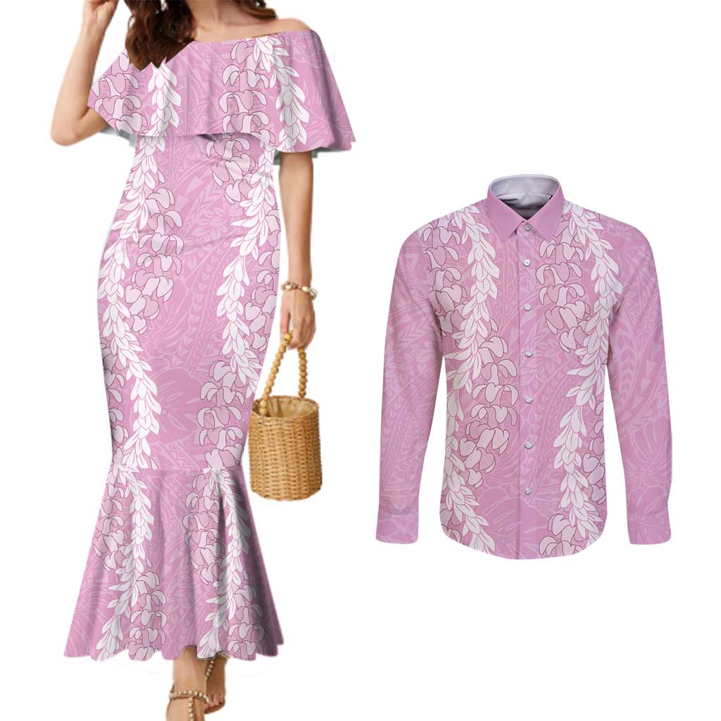 Puakenikeni and Maile Lei Couples Matching Mermaid Dress and Long Sleeve Button Shirt Pink Double Strand Lei