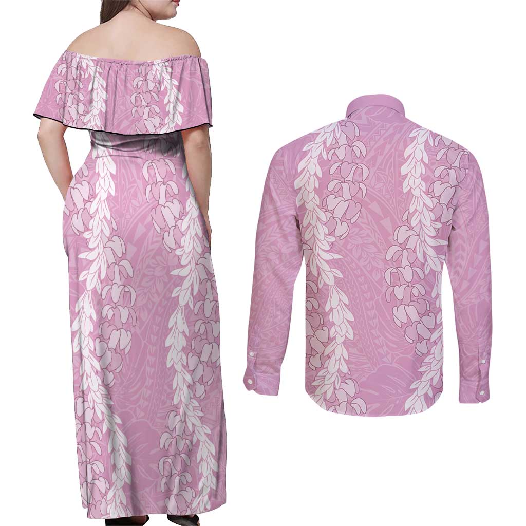 Puakenikeni and Maile Lei Couples Matching Off Shoulder Maxi Dress and Long Sleeve Button Shirt Pink Double Strand Lei