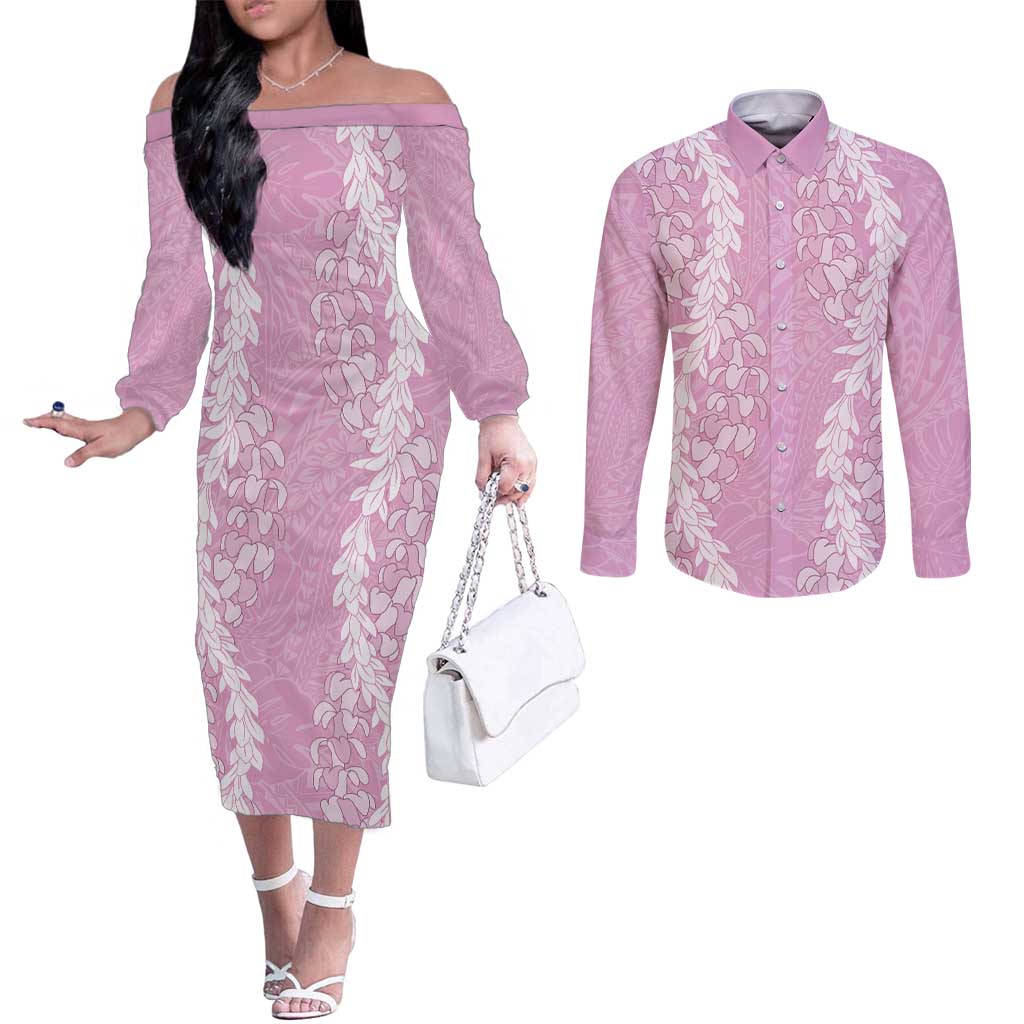 Puakenikeni and Maile Lei Couples Matching Off The Shoulder Long Sleeve Dress and Long Sleeve Button Shirt Pink Double Strand Lei LT9 Pink - Polynesian Pride