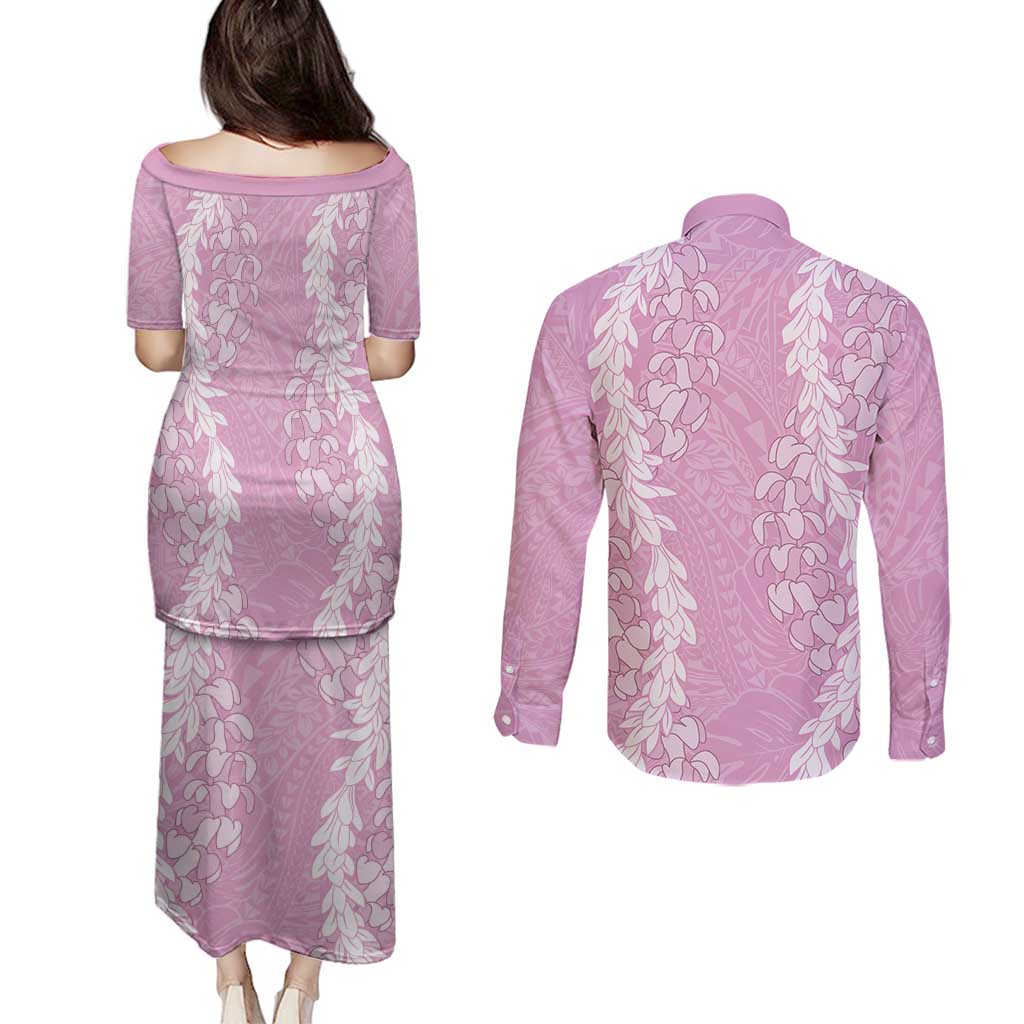 Puakenikeni and Maile Lei Couples Matching Puletasi and Long Sleeve Button Shirt Pink Double Strand Lei