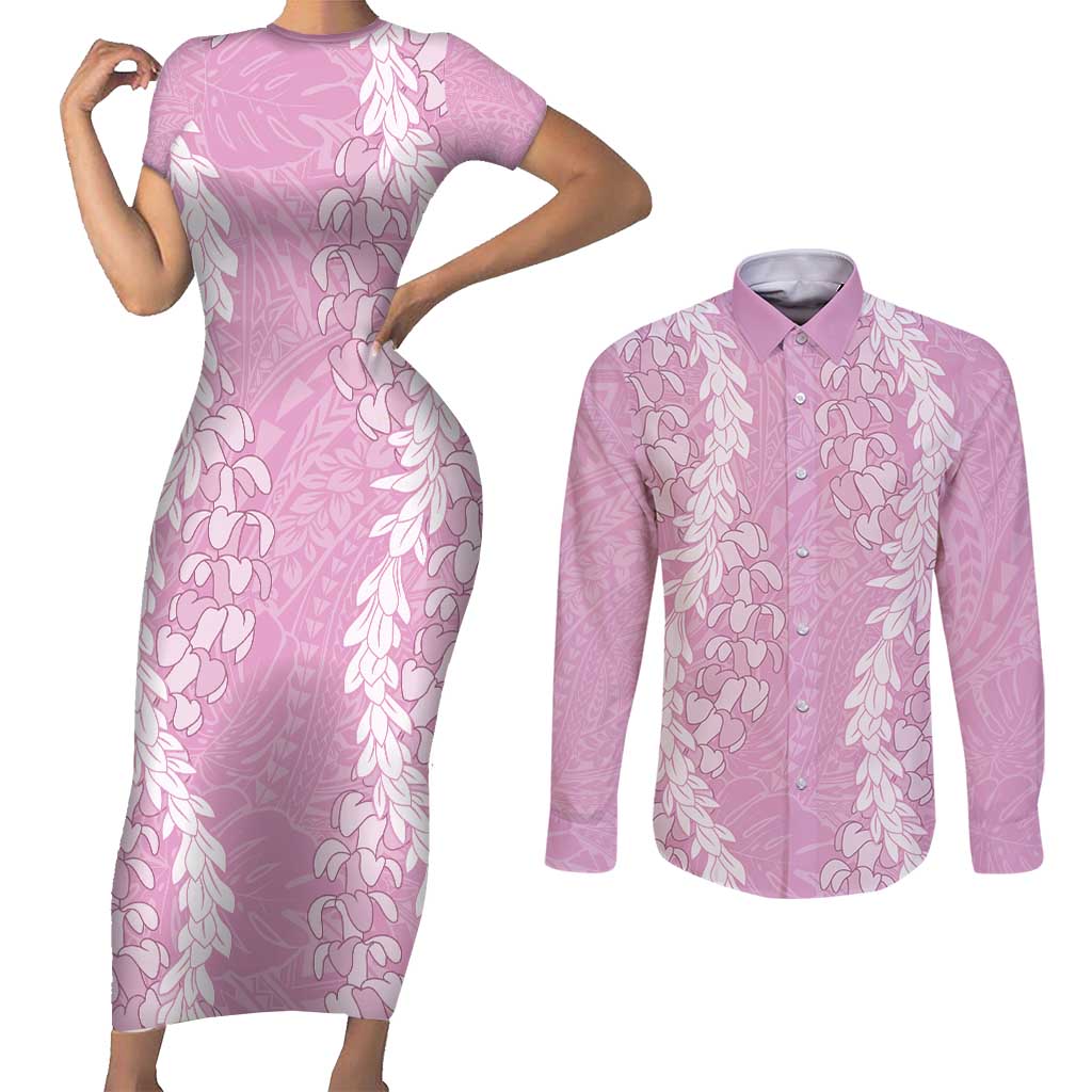 Puakenikeni and Maile Lei Couples Matching Short Sleeve Bodycon Dress and Long Sleeve Button Shirt Pink Double Strand Lei LT9 Pink - Polynesian Pride