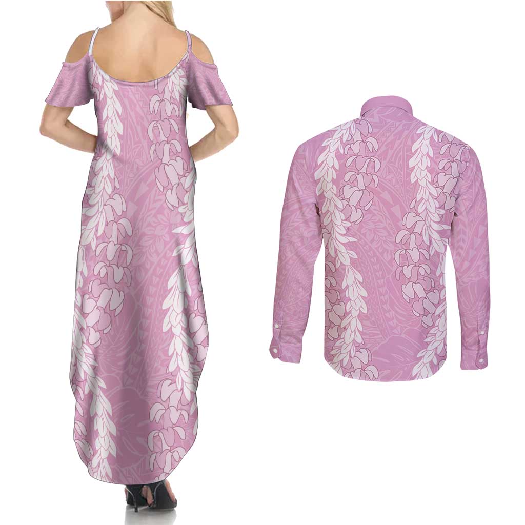 Puakenikeni and Maile Lei Couples Matching Summer Maxi Dress and Long Sleeve Button Shirt Pink Double Strand Lei