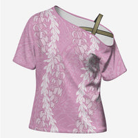 Puakenikeni and Maile Lei Cross Shoulder Shirt Pink Double Strand Lei - Polynesian Pride