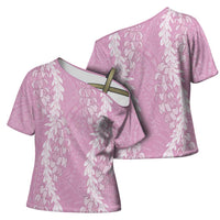 Puakenikeni and Maile Lei Cross Shoulder Shirt Pink Double Strand Lei - Polynesian Pride