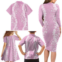 Puakenikeni and Maile Lei Family Matching Long Sleeve Bodycon Dress and Hawaiian Shirt Pink Double Strand Lei