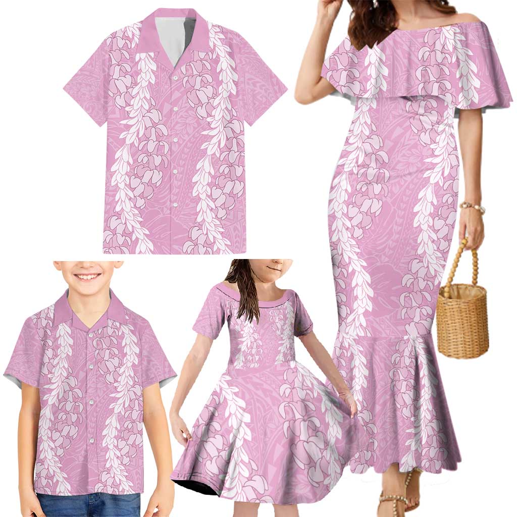 Puakenikeni and Maile Lei Family Matching Mermaid Dress and Hawaiian Shirt Pink Double Strand Lei