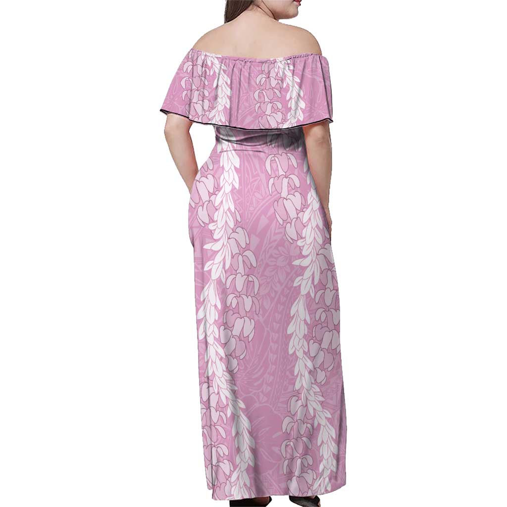 Puakenikeni and Maile Lei Family Matching Off Shoulder Maxi Dress and Hawaiian Shirt Pink Double Strand Lei