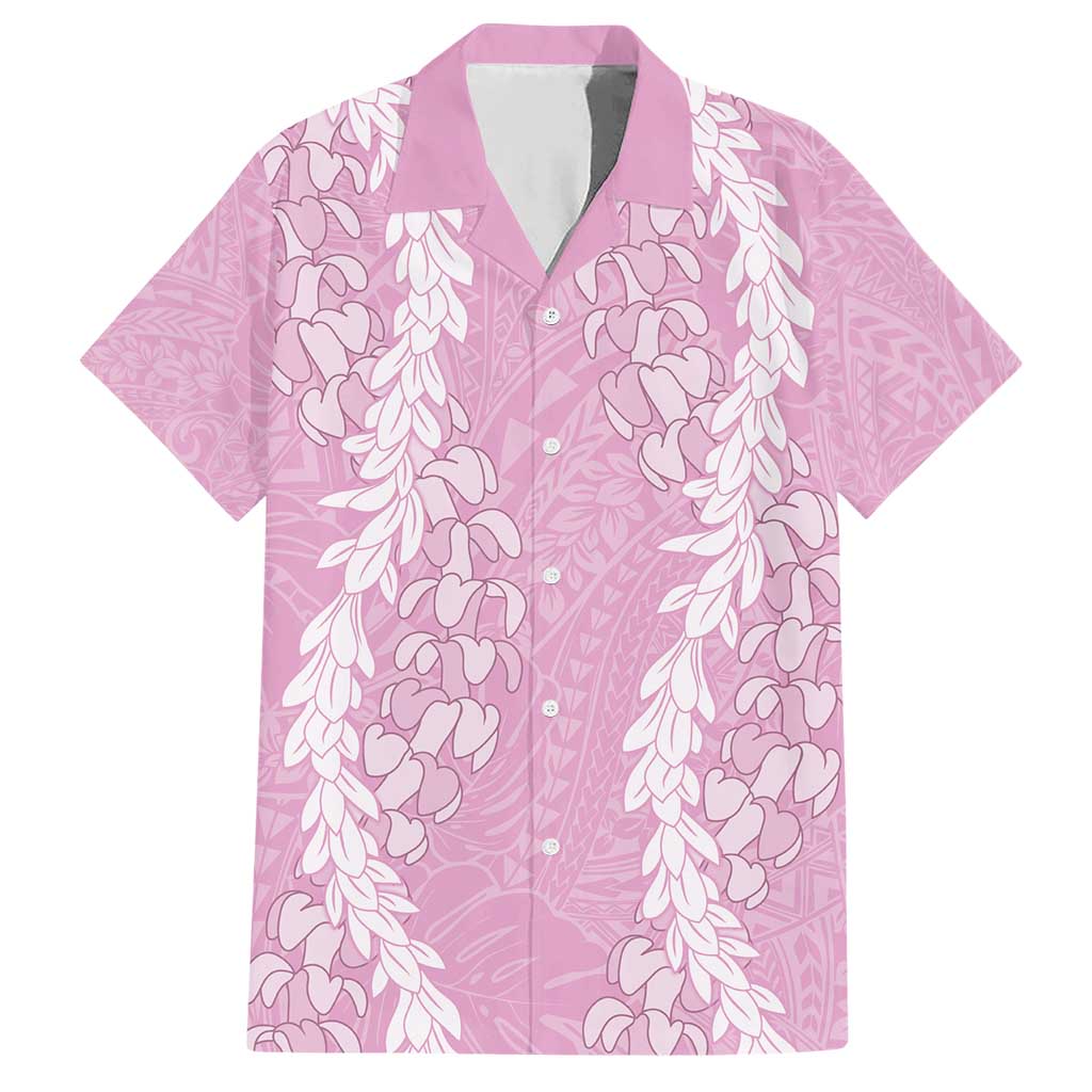 Puakenikeni and Maile Lei Family Matching Short Sleeve Bodycon Dress and Hawaiian Shirt Pink Double Strand Lei