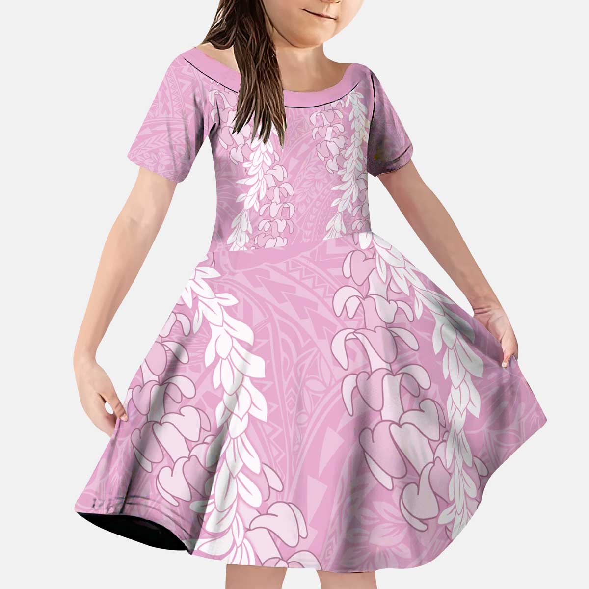 Puakenikeni and Maile Lei Kid Short Sleeve Dress Pink Double Strand Lei