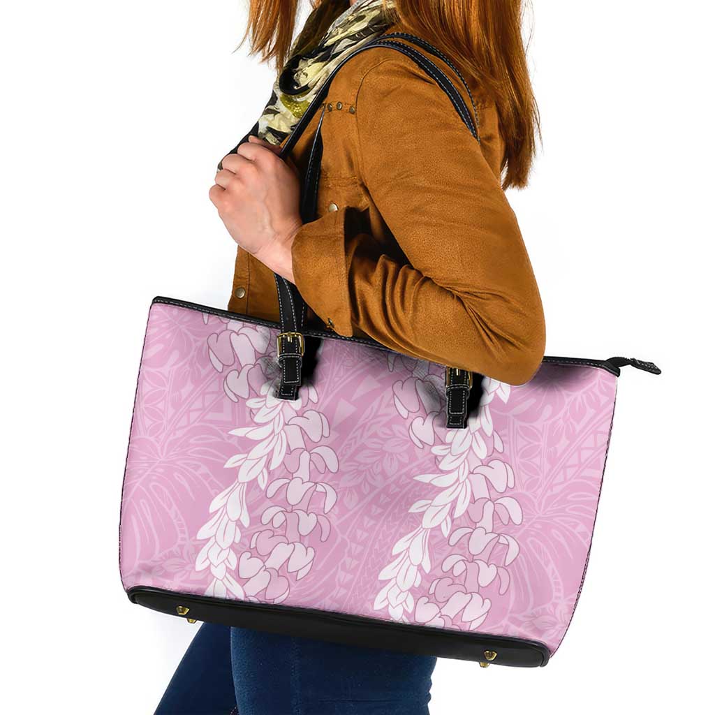 Puakenikeni and Maile Lei Leather Tote Bag Pink Double Strand Lei
