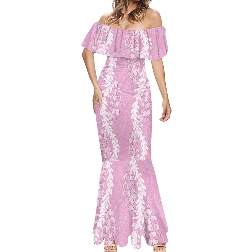 Puakenikeni and Maile Lei Mermaid Dress Pink Double Strand Lei