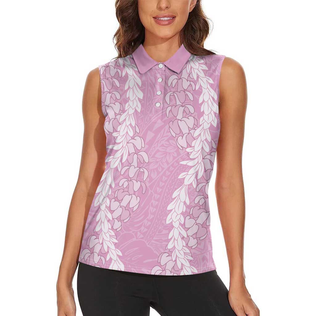 Puakenikeni and Maile Lei Women Sleeveless Polo Shirt Pink Double Strand Lei