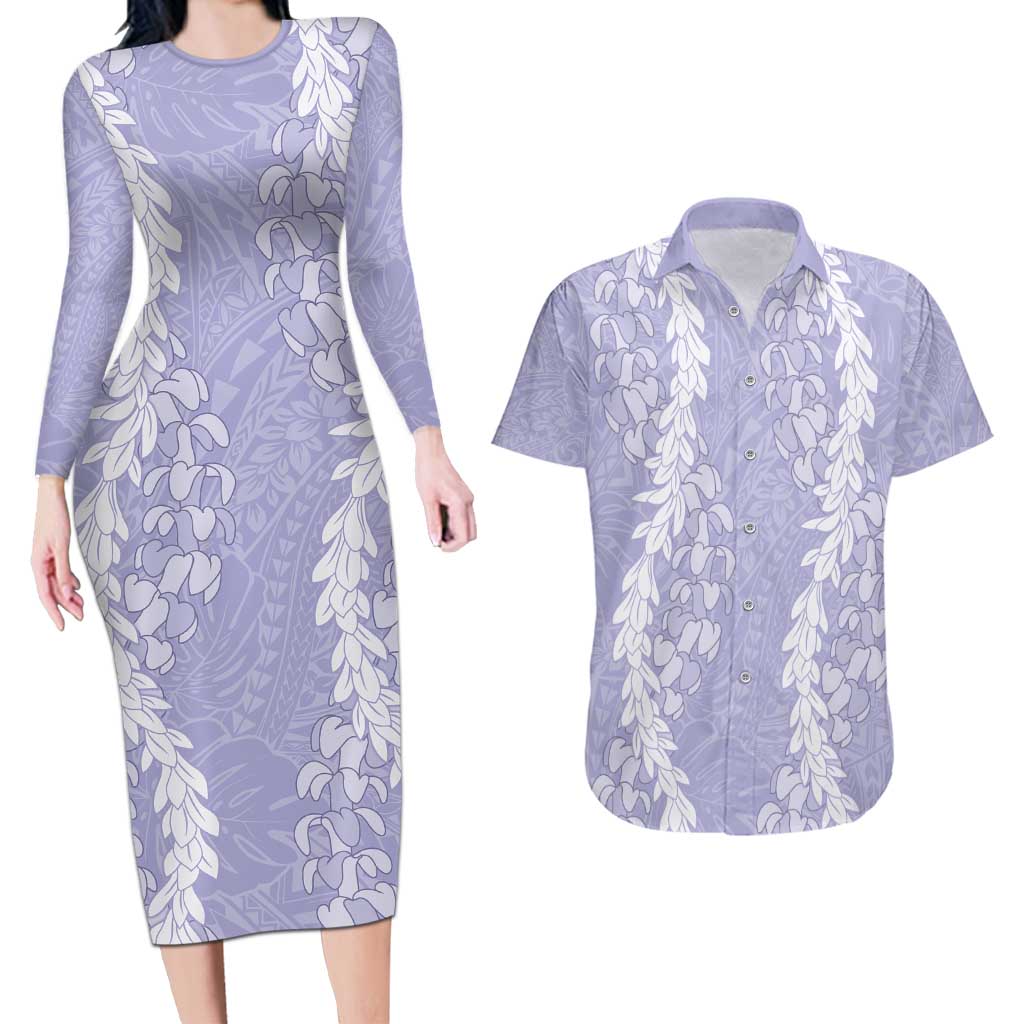 Puakenikeni and Maile Lei Couples Matching Long Sleeve Bodycon Dress and Hawaiian Shirt Purple Double Strand Lei