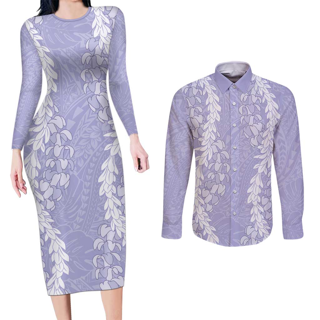 Puakenikeni and Maile Lei Couples Matching Long Sleeve Bodycon Dress and Long Sleeve Button Shirt Purple Double Strand Lei LT9 Purple - Polynesian Pride