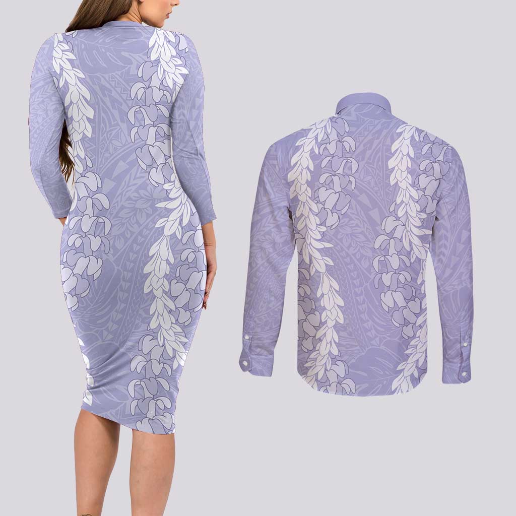 Puakenikeni and Maile Lei Couples Matching Long Sleeve Bodycon Dress and Long Sleeve Button Shirt Purple Double Strand Lei LT9 - Polynesian Pride