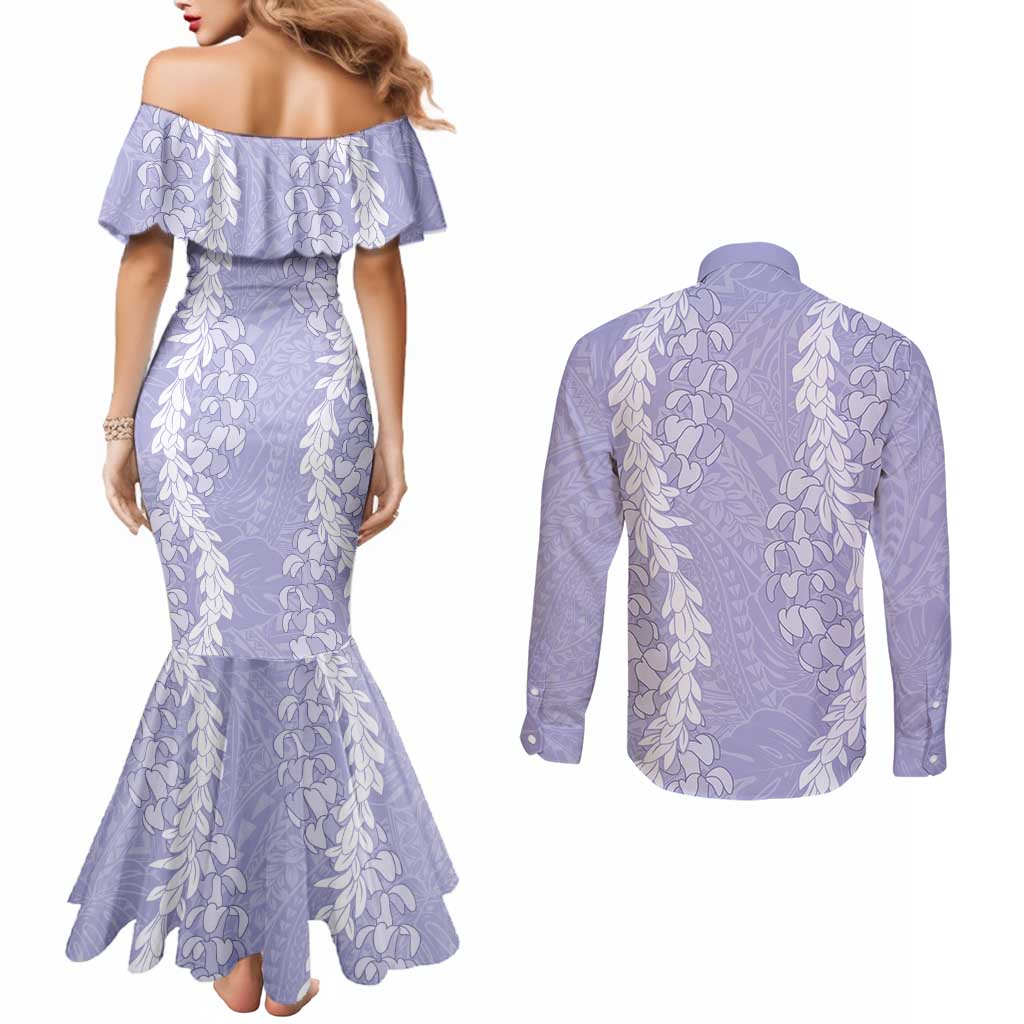 Puakenikeni and Maile Lei Couples Matching Mermaid Dress and Long Sleeve Button Shirt Purple Double Strand Lei LT9 - Polynesian Pride