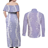 Puakenikeni and Maile Lei Couples Matching Off Shoulder Maxi Dress and Long Sleeve Button Shirt Purple Double Strand Lei