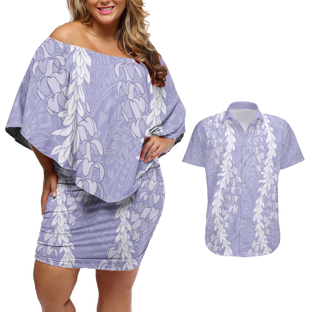 Puakenikeni and Maile Lei Couples Matching Off Shoulder Short Dress and Hawaiian Shirt Purple Double Strand Lei