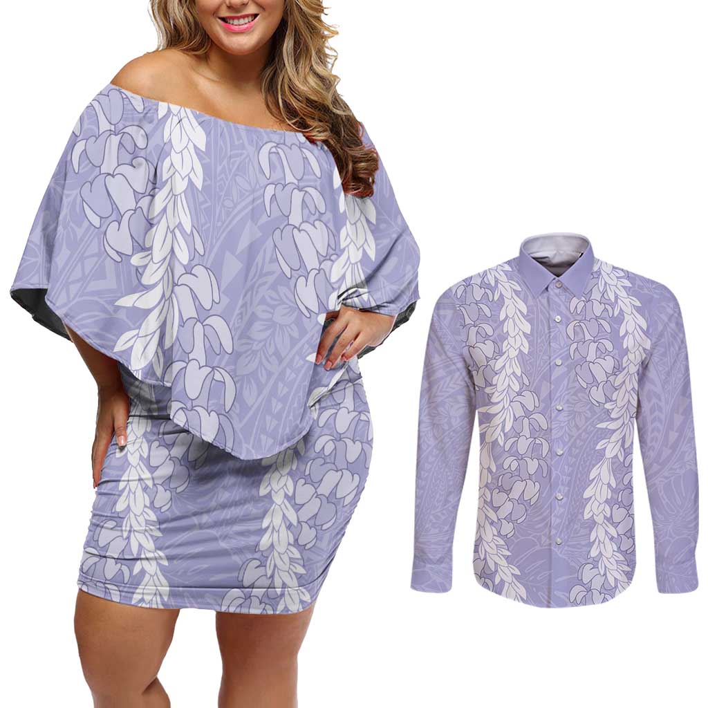 Puakenikeni and Maile Lei Couples Matching Off Shoulder Short Dress and Long Sleeve Button Shirt Purple Double Strand Lei