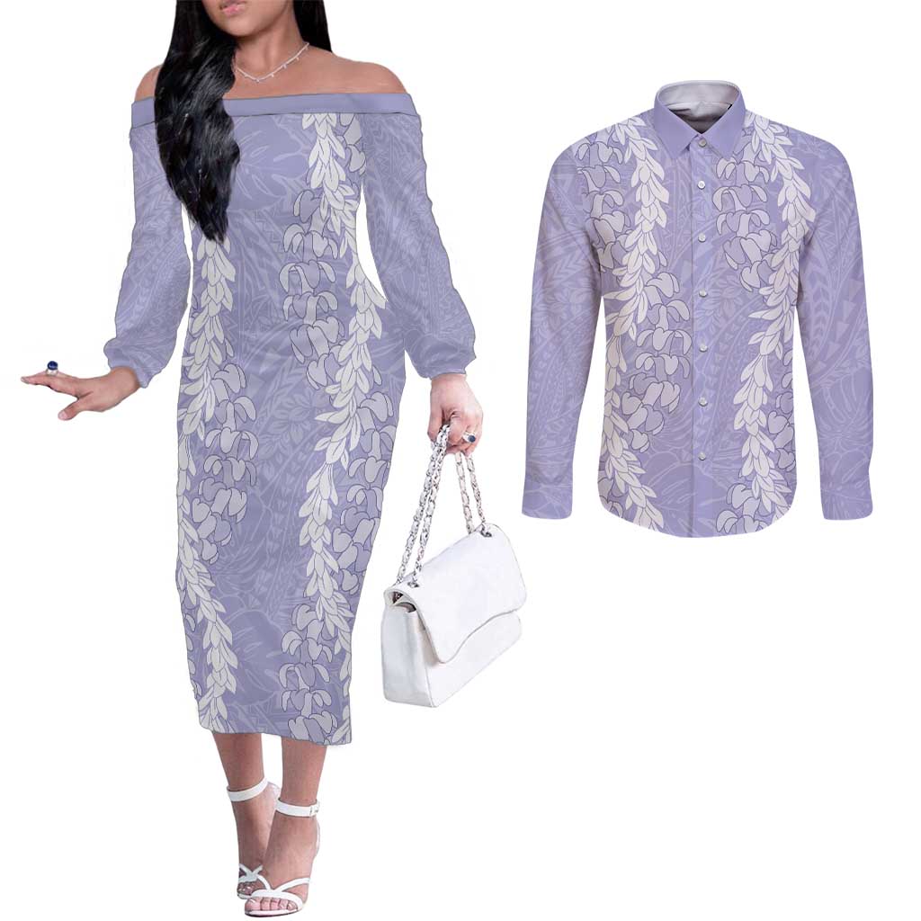 Puakenikeni and Maile Lei Couples Matching Off The Shoulder Long Sleeve Dress and Long Sleeve Button Shirt Purple Double Strand Lei LT9 Purple - Polynesian Pride