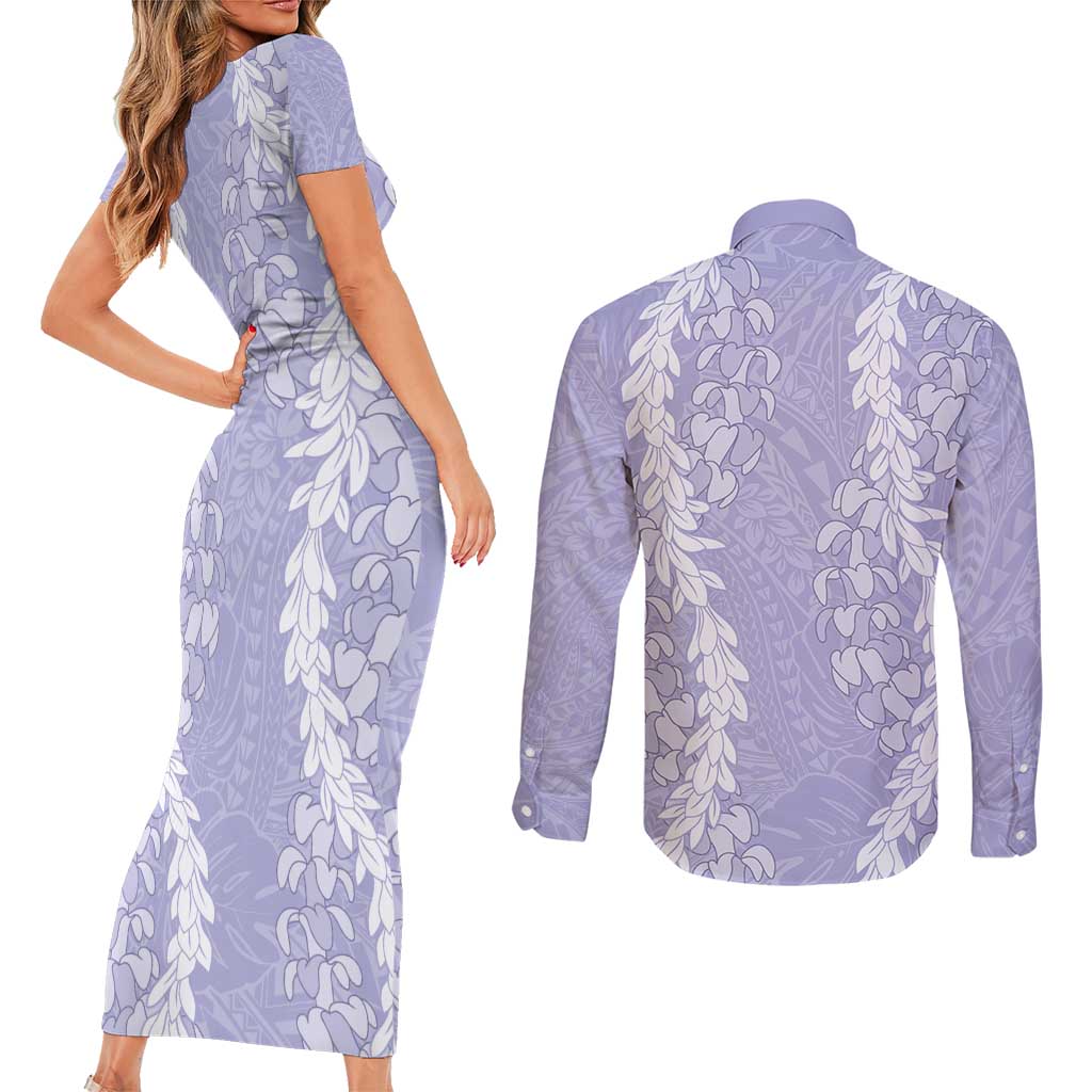 Puakenikeni and Maile Lei Couples Matching Short Sleeve Bodycon Dress and Long Sleeve Button Shirt Purple Double Strand Lei LT9 - Polynesian Pride