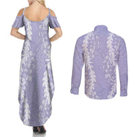 Puakenikeni and Maile Lei Couples Matching Summer Maxi Dress and Long Sleeve Button Shirt Purple Double Strand Lei