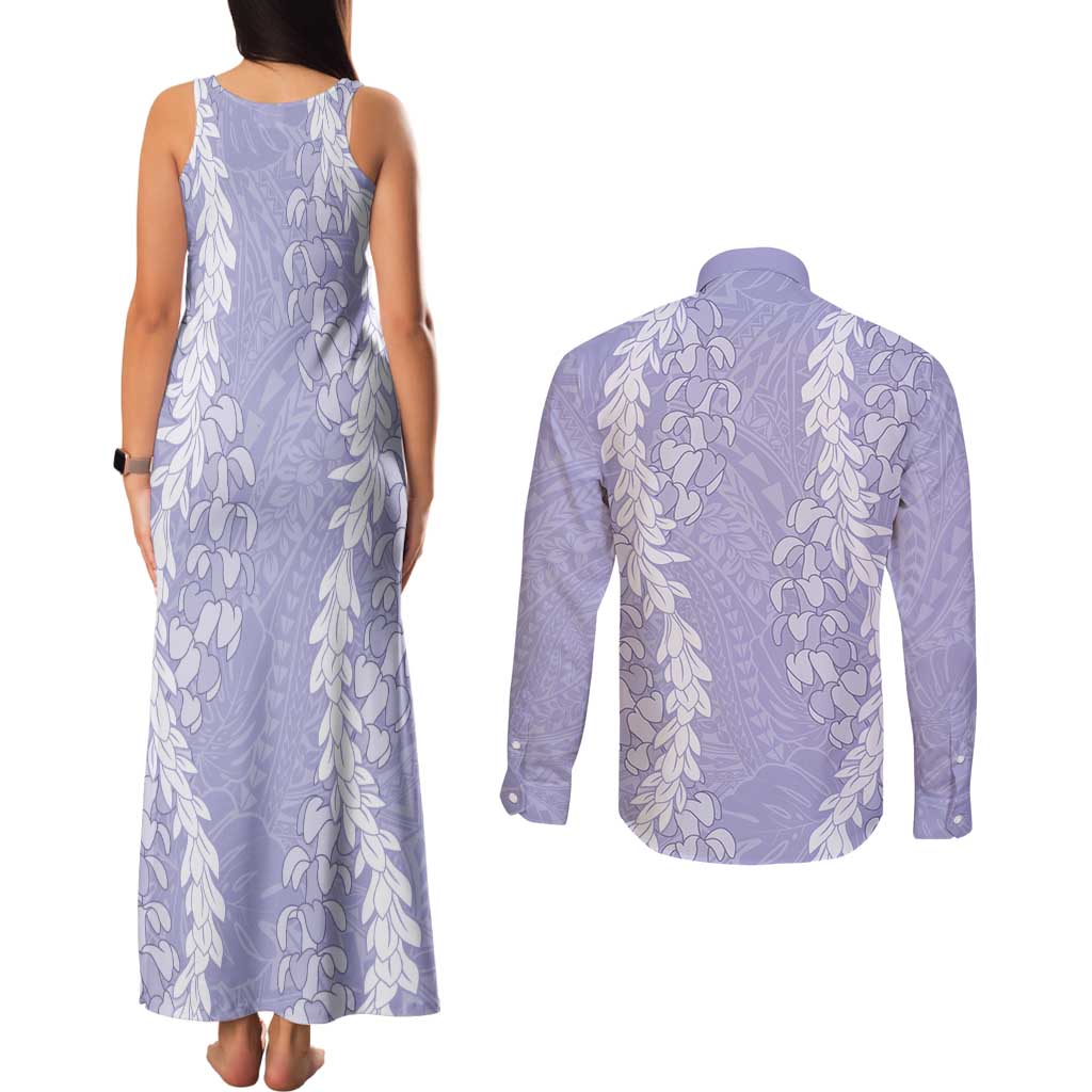 Puakenikeni and Maile Lei Couples Matching Tank Maxi Dress and Long Sleeve Button Shirt Purple Double Strand Lei