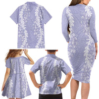 Puakenikeni and Maile Lei Family Matching Long Sleeve Bodycon Dress and Hawaiian Shirt Purple Double Strand Lei