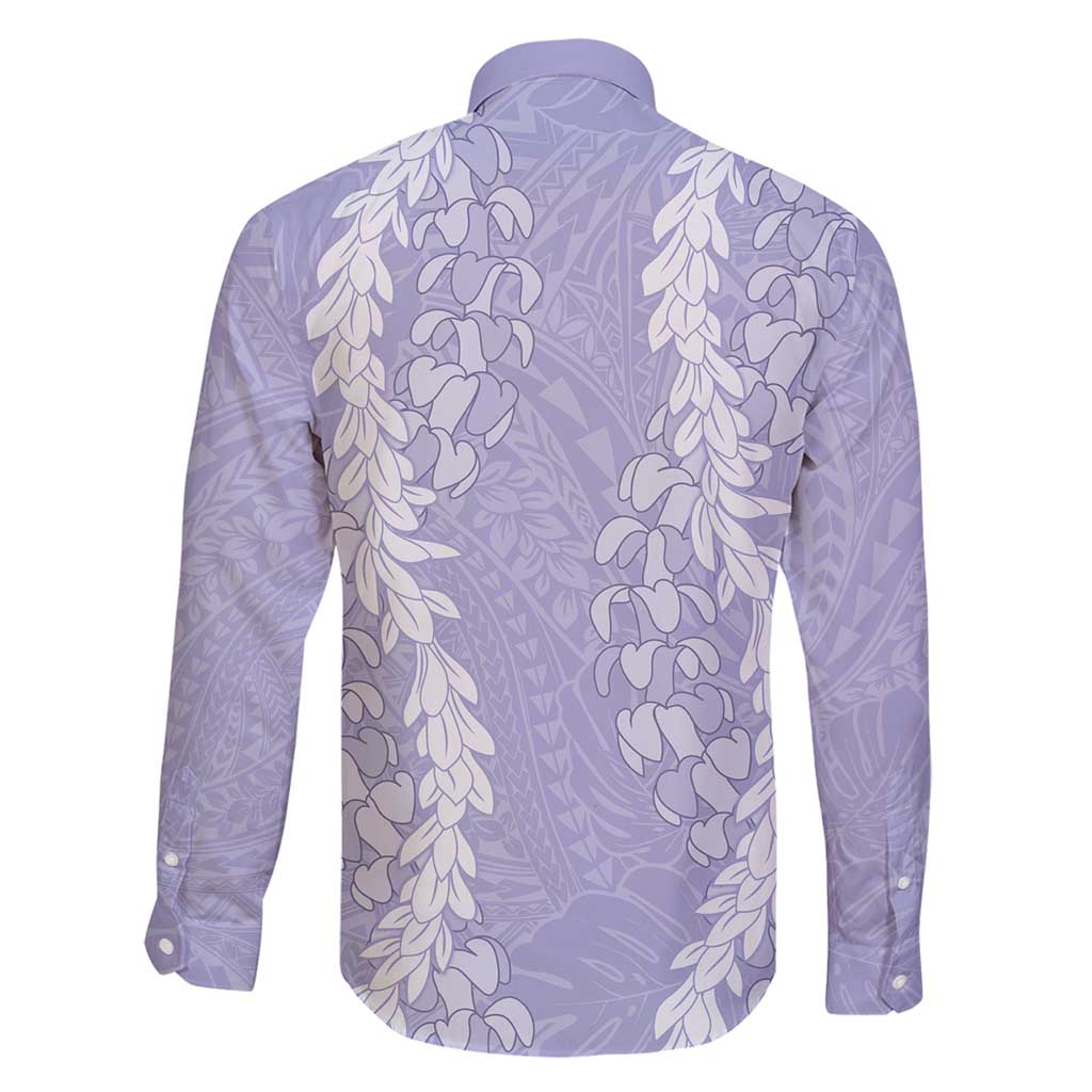 Puakenikeni and Maile Lei Family Matching Long Sleeve Bodycon Dress and Hawaiian Shirt Purple Double Strand Lei