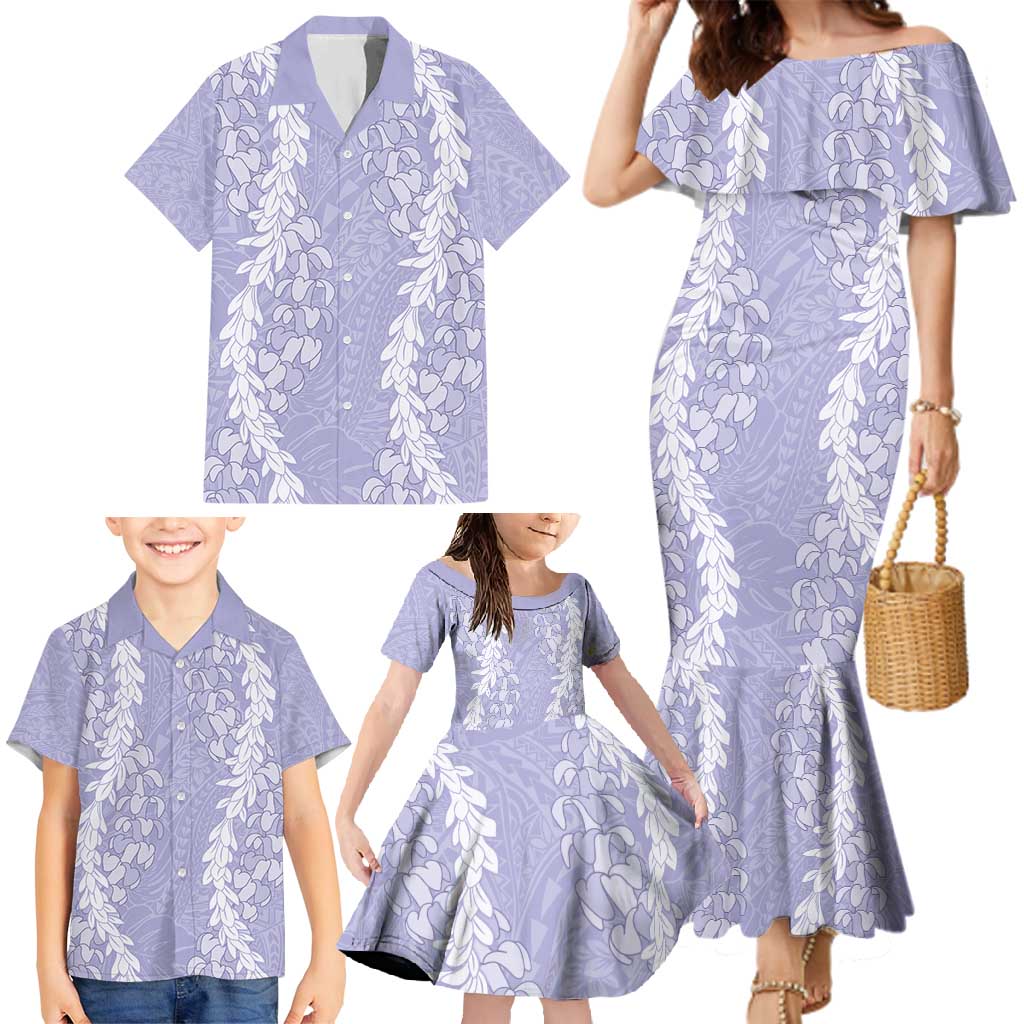 Puakenikeni and Maile Lei Family Matching Mermaid Dress and Hawaiian Shirt Purple Double Strand Lei
