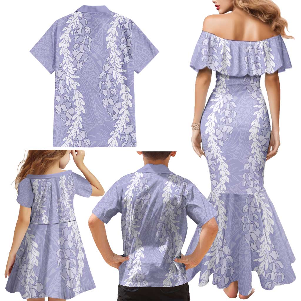 Puakenikeni and Maile Lei Family Matching Mermaid Dress and Hawaiian Shirt Purple Double Strand Lei