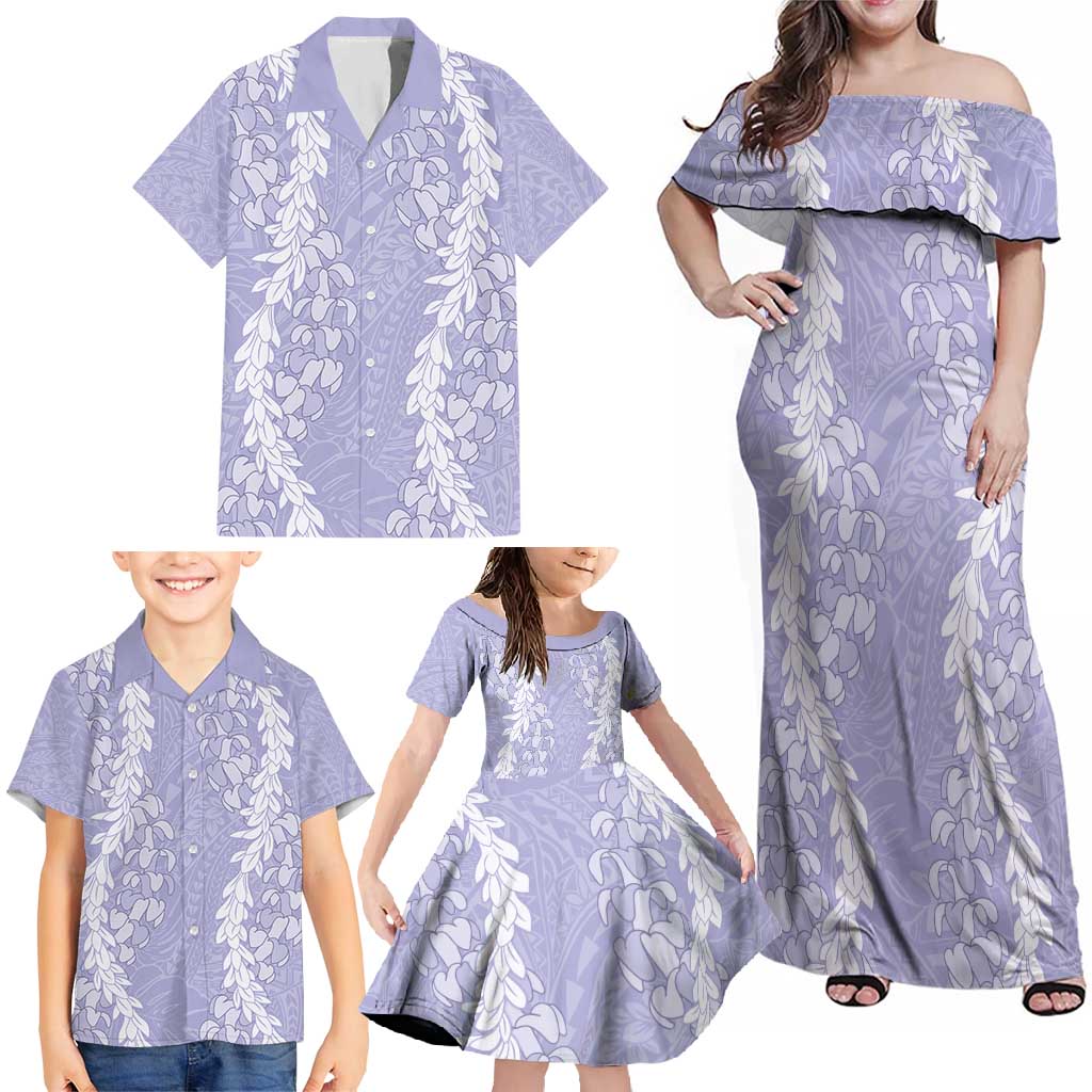 Puakenikeni and Maile Lei Family Matching Off Shoulder Maxi Dress and Hawaiian Shirt Purple Double Strand Lei