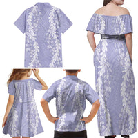 Puakenikeni and Maile Lei Family Matching Off Shoulder Maxi Dress and Hawaiian Shirt Purple Double Strand Lei