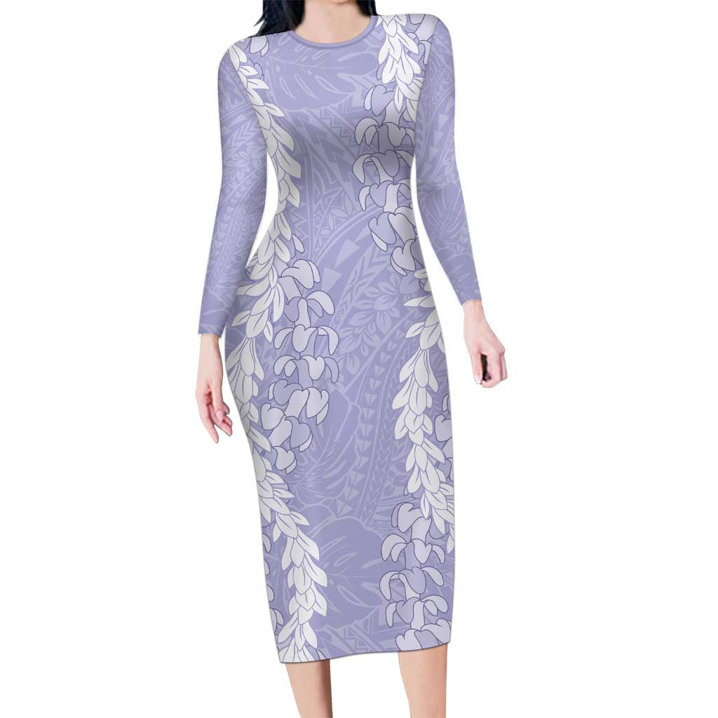 Puakenikeni and Maile Lei Long Sleeve Bodycon Dress Purple Double Strand Lei