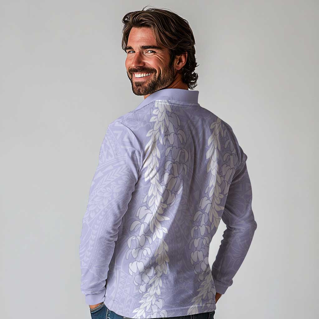 Puakenikeni and Maile Lei Long Sleeve Polo Shirt Purple Double Strand Lei