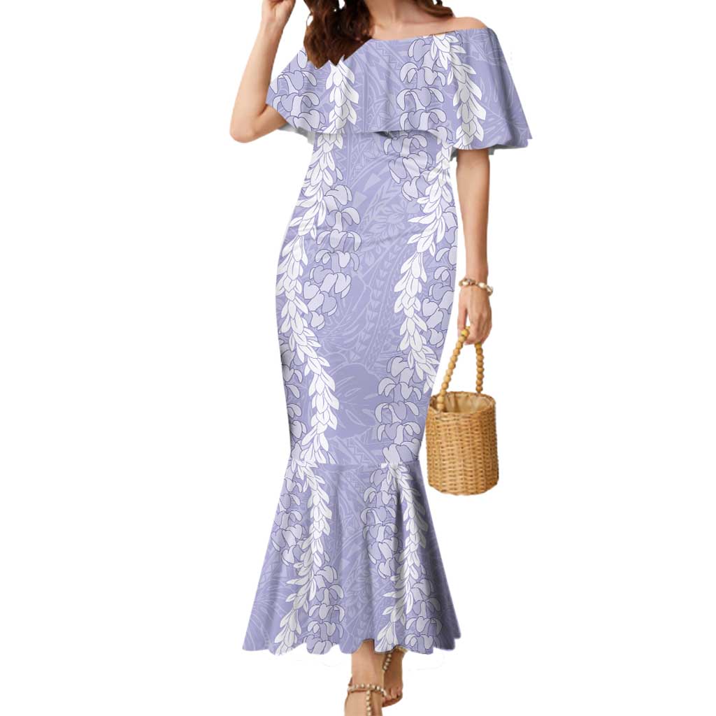 Puakenikeni and Maile Lei Mermaid Dress Purple Double Strand Lei