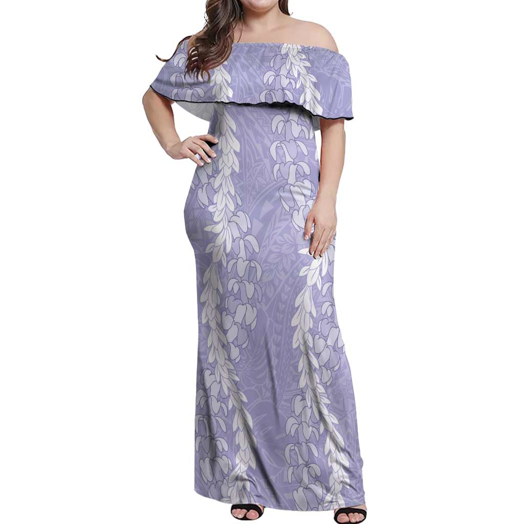 Puakenikeni and Maile Lei Off Shoulder Maxi Dress Purple Double Strand Lei