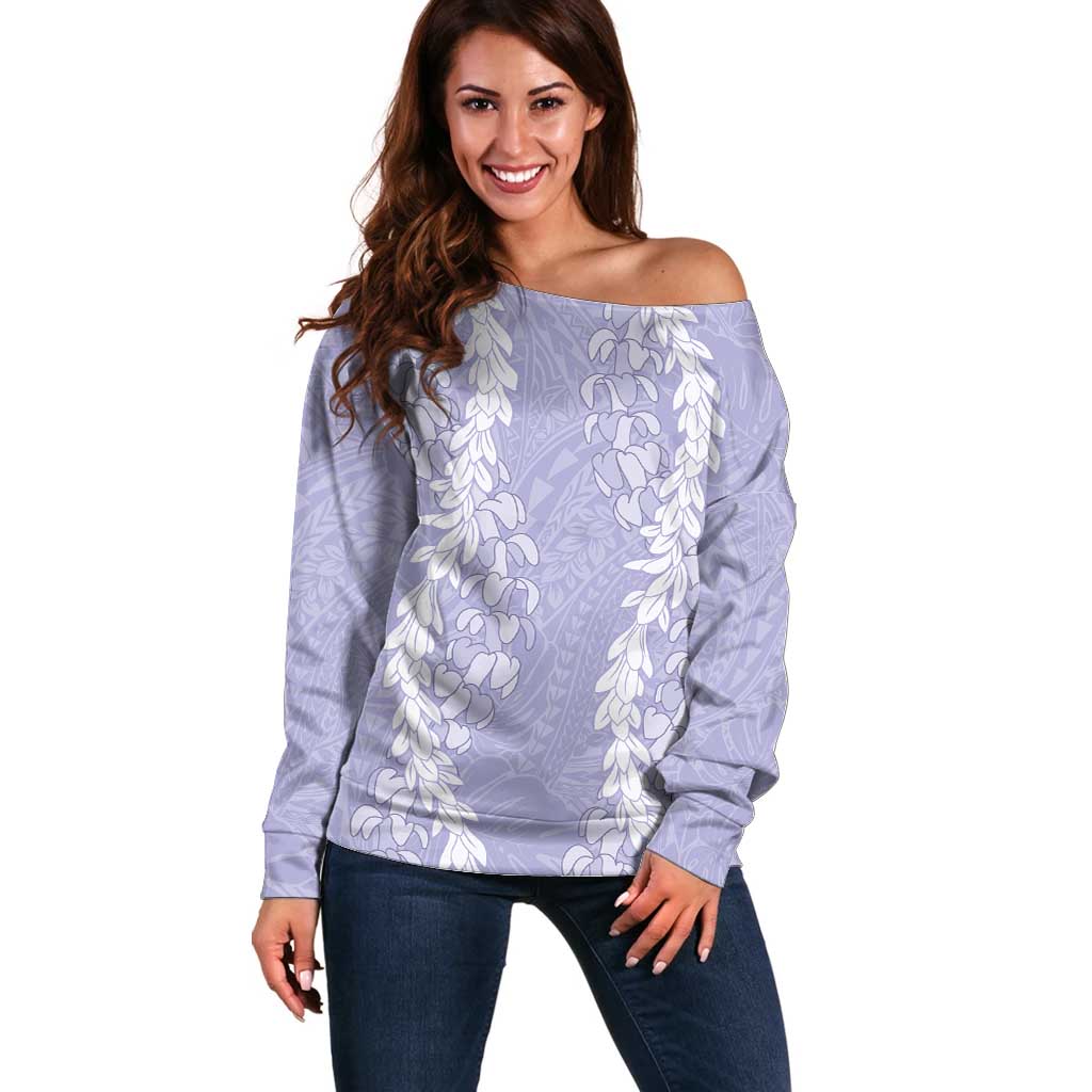 Puakenikeni and Maile Lei Off Shoulder Sweater Purple Double Strand Lei
