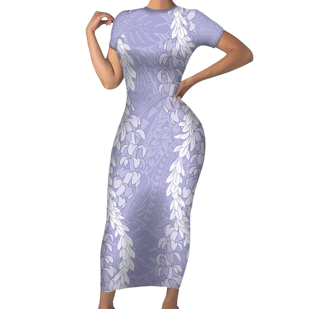 Puakenikeni and Maile Lei Short Sleeve Bodycon Dress Purple Double Strand Lei