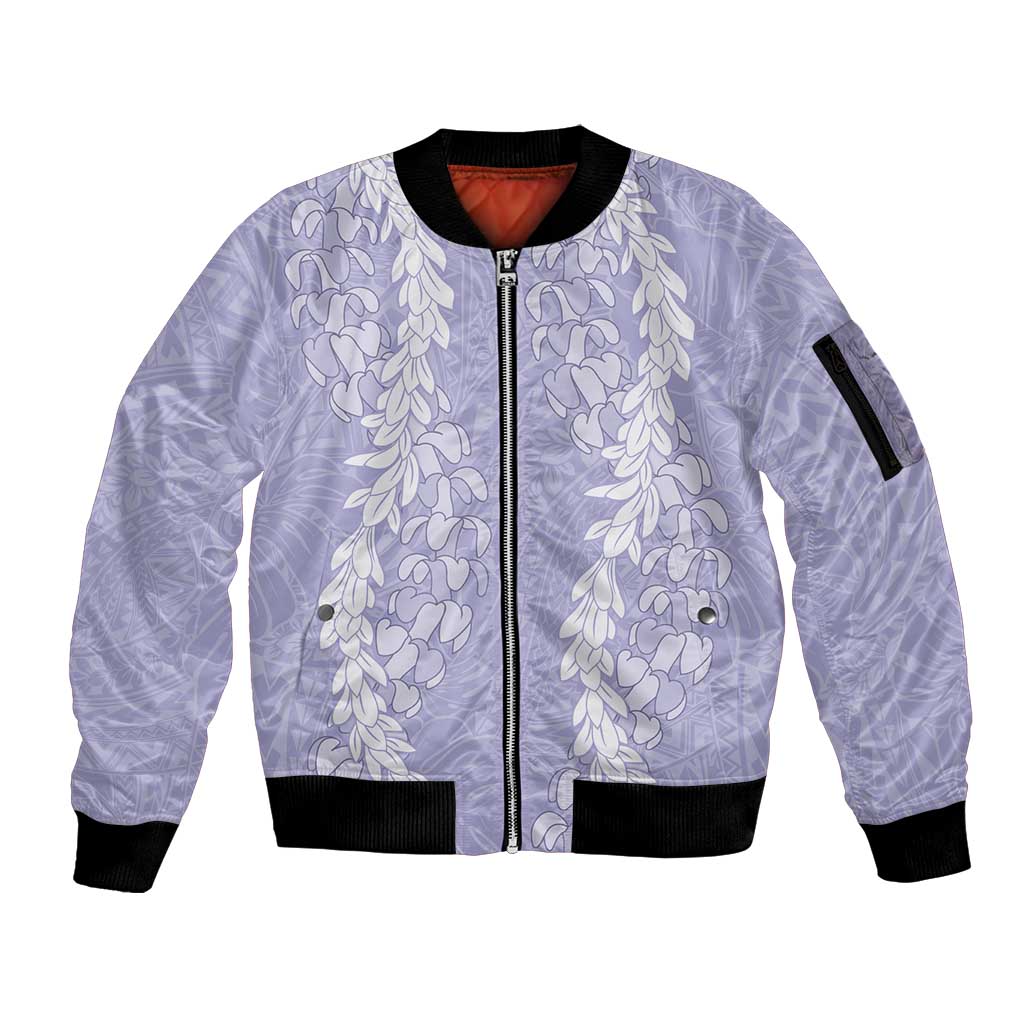 Puakenikeni and Maile Lei Sleeve Zip Bomber Jacket Purple Double Strand Lei LT9 Unisex Purple - Polynesian Pride