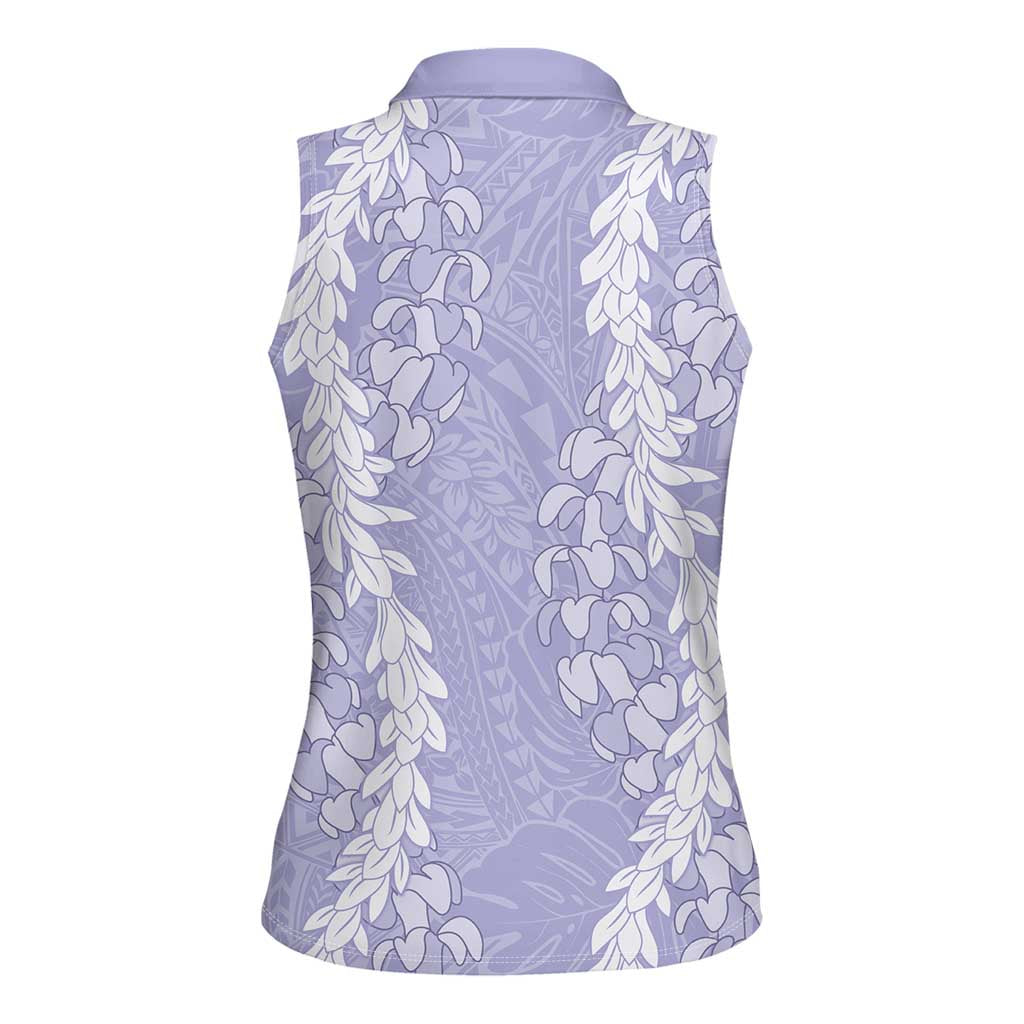 Puakenikeni and Maile Lei Women Sleeveless Polo Shirt Purple Double Strand Lei