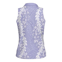 Puakenikeni and Maile Lei Women Sleeveless Polo Shirt Purple Double Strand Lei