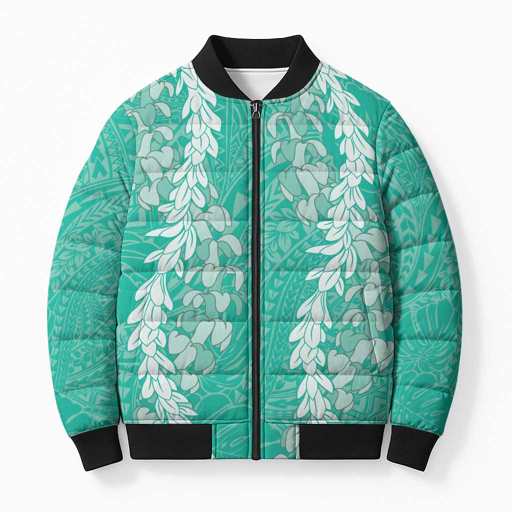 Puakenikeni and Maile Lei Bomber Puffer Jacket Sage Green Double Strand Lei LT9 Unisex Sage Green - Polynesian Pride