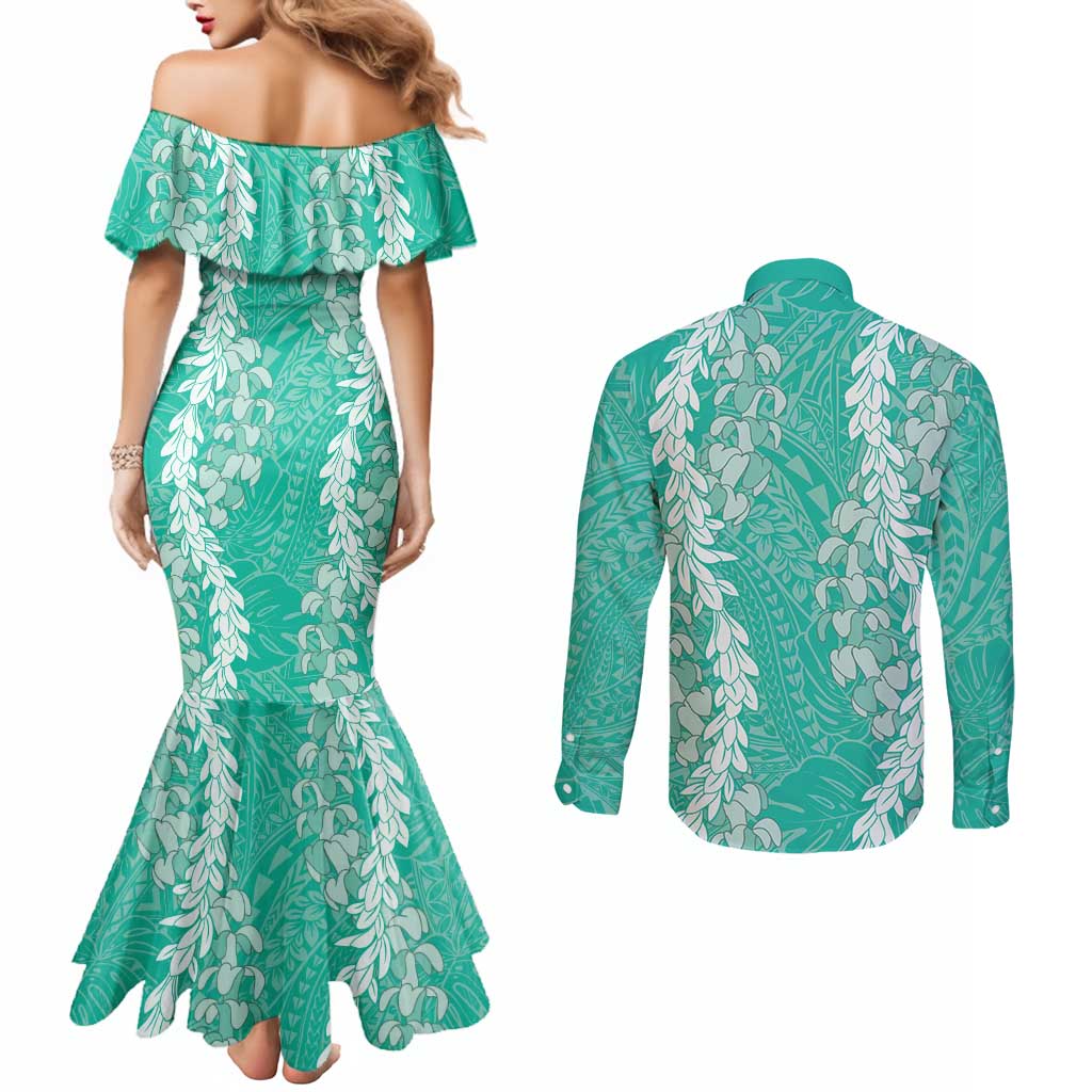 Puakenikeni and Maile Lei Couples Matching Mermaid Dress and Long Sleeve Button Shirt Sage Green Double Strand Lei LT9 - Polynesian Pride