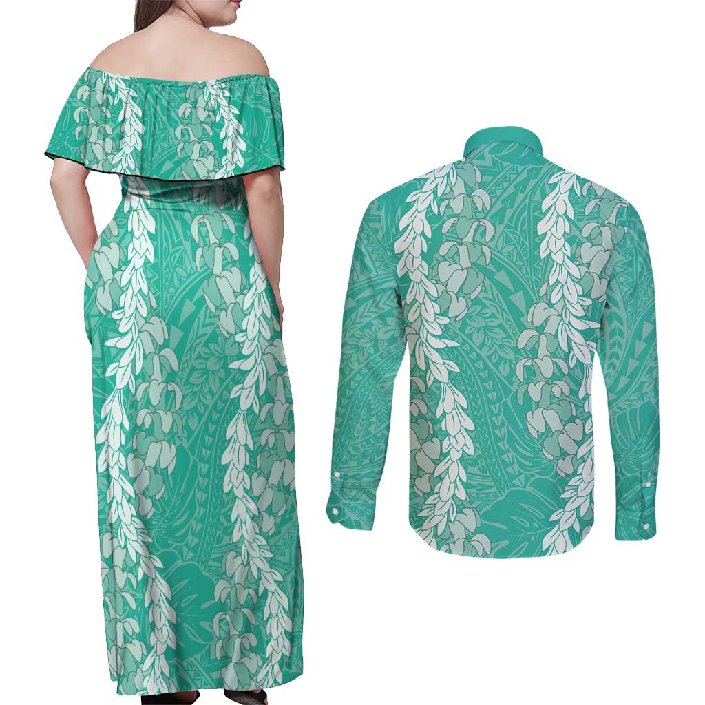 Puakenikeni and Maile Lei Couples Matching Off Shoulder Maxi Dress and Long Sleeve Button Shirt Sage Green Double Strand Lei