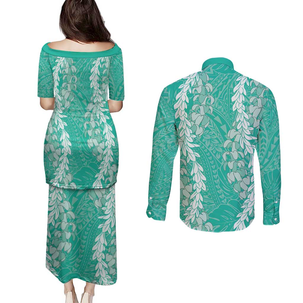 Puakenikeni and Maile Lei Couples Matching Puletasi and Long Sleeve Button Shirt Sage Green Double Strand Lei