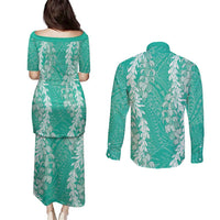 Puakenikeni and Maile Lei Couples Matching Puletasi and Long Sleeve Button Shirt Sage Green Double Strand Lei