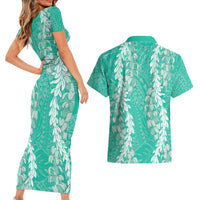 Puakenikeni and Maile Lei Couples Matching Short Sleeve Bodycon Dress and Hawaiian Shirt Sage Green Double Strand Lei